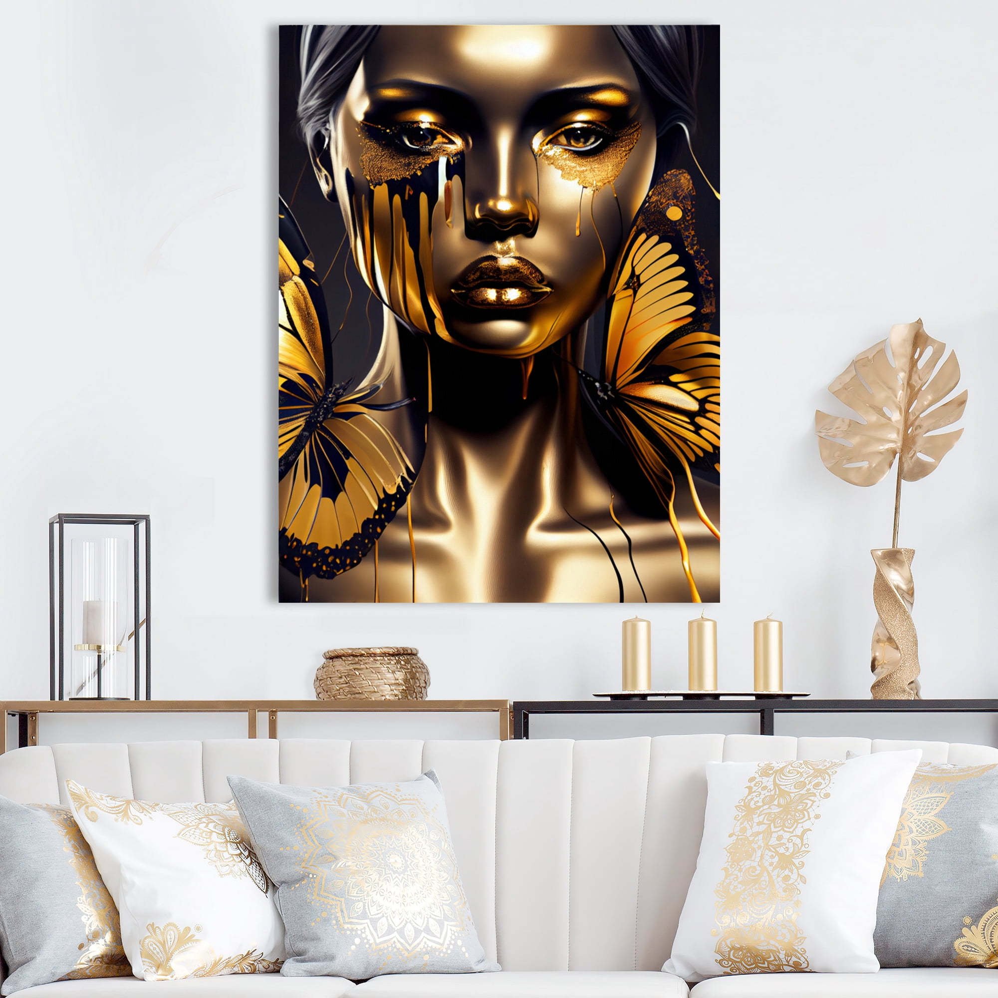Designart Attractive Woman With Gold Butterflies I Canvas Wall Art