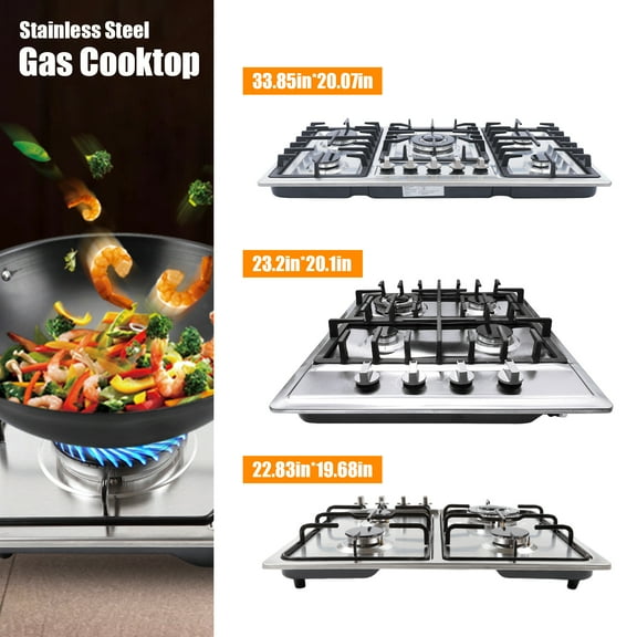 Powerful gas cooktop with four sealed burners, stainless steel surface, thermocouple flameout protection, anti-slip cast iron grates, easy pulsed ignition, ideal for multiple dishes