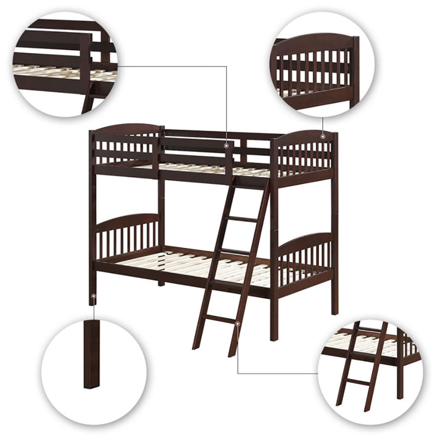 Demi Bonn Solid Wood Twin Over Twin Bunk Bed with Detachable Ladder, Twin Bunk Beds, Converts to 2 Individual Twin Beds, Brown