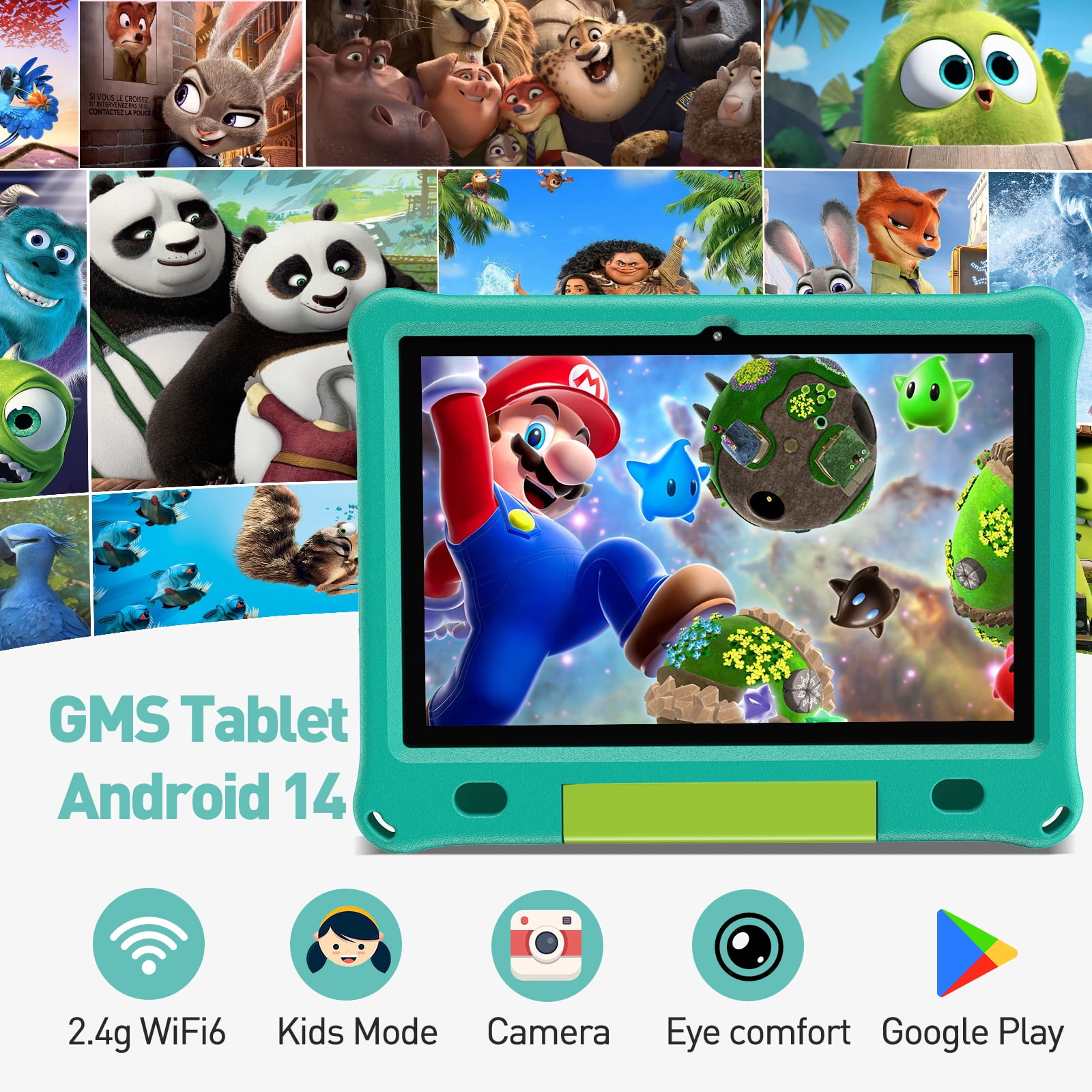 Android 14 Kids Tablet 10.1 inch with Case, 3GB RAM 64GB, IPS Touch Screen, Quad-Core,1280x800 | Wi-Fi6 | 6000mAh | Google Certified(Green)