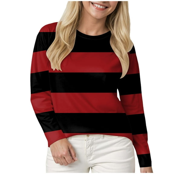larppty Womens Striped T Shirts Long Sleeve Fall Tops Tees Loose Fit Casual Tunic Top Going Out Tops（Watermelon Red，XL）