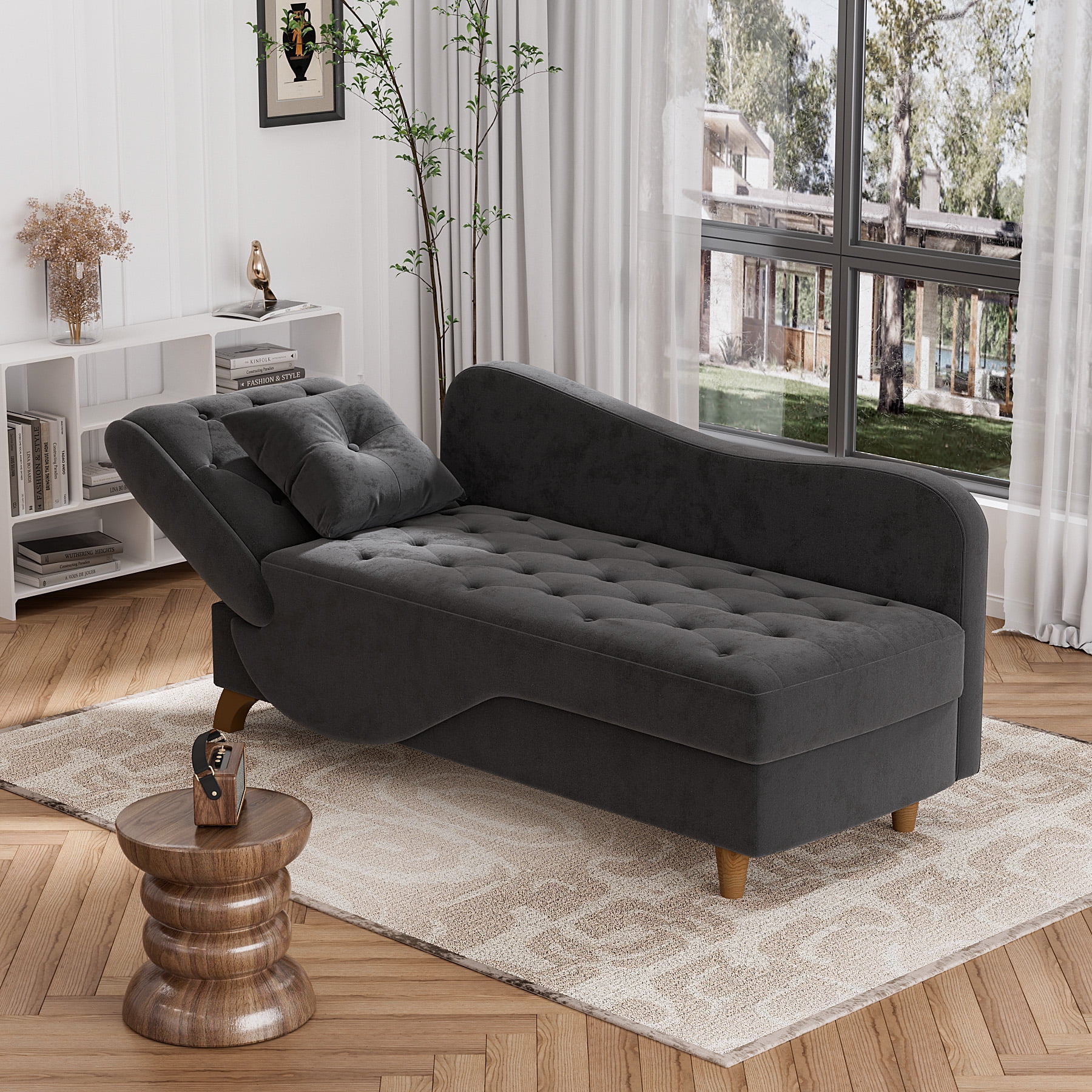 Wiilayok Chaise Lounge Chair Indoor Furniture with Storage Pillow,Adjustable Recling Sleeper Sofa Lounge Chair,Velvet Futon Sofa Couch Bed for Living Room Bedroom,Black