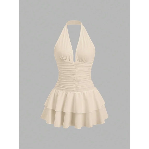 Black Knit & Woven Patchwork V-Neck Ruffle Backless Mini Dress, Ruched Waist, Elegant Vacation Casual Wear