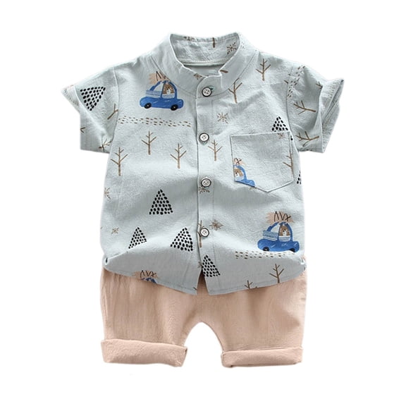 Tfken Outfit Set For Toddler Boys Breathable Casual Lapel Neck Cartoon Print T-Shirts Shorts Size 2 Years-3 Years Clothing Sets Green