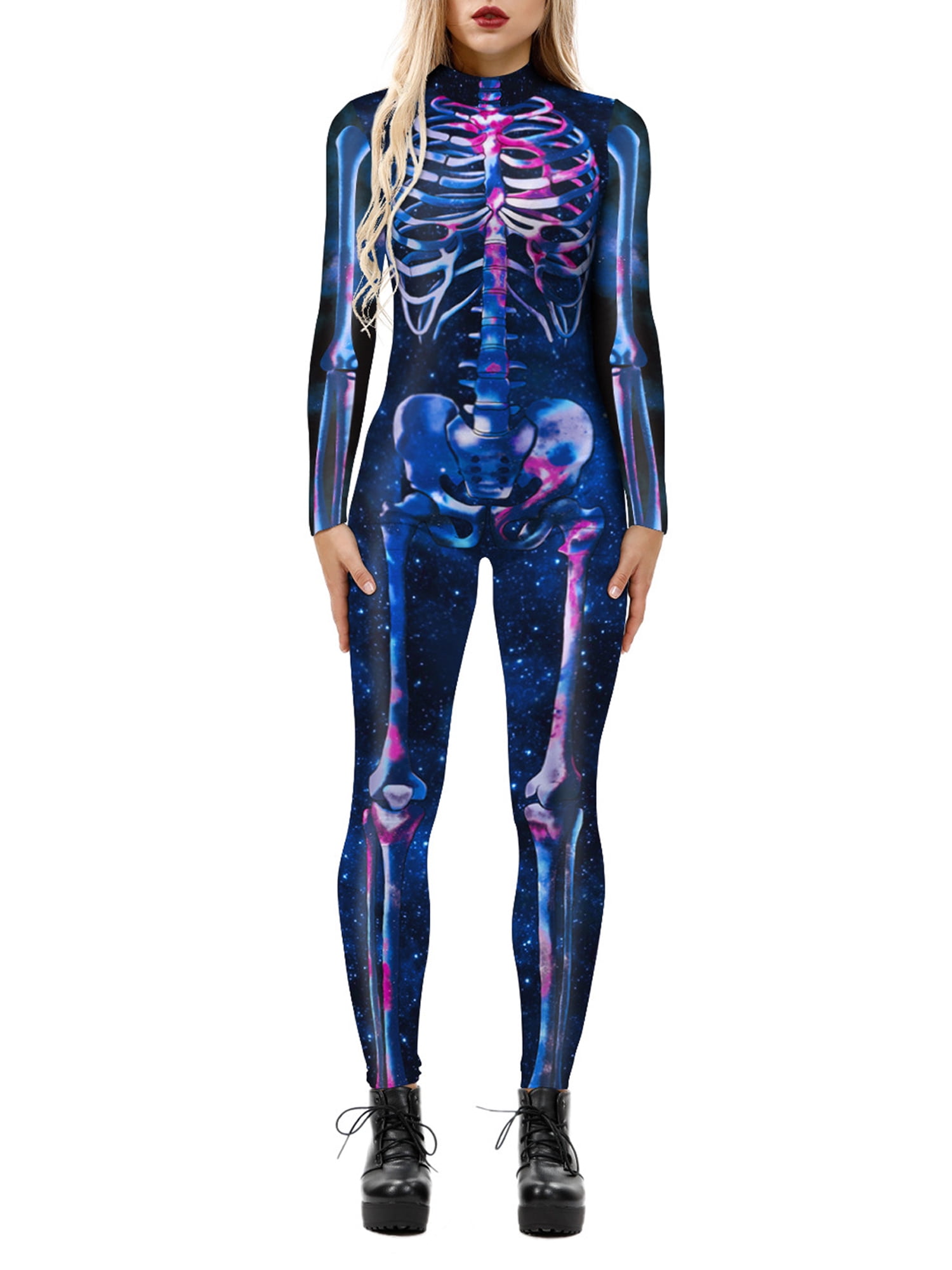Womens Halloween Fancy Dress Skeleton Print Tunic Dress Leotard Jumpsuit Legging