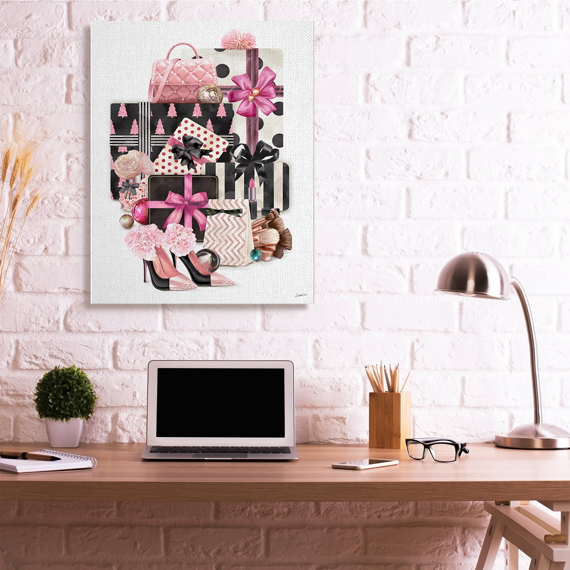 Stupell Industries Fashionista Christmas Gift Stack Glam Style Accessories Holiday Painting Gallery Wrapped Canvas Art Print Wall Art, 36 x 48