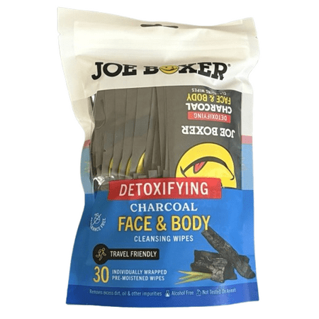 Joe Boxer Detoxifying Charcoal Face & Body Wipes, 30 Individually Wrapped Pre-Moistened Cleansing Wipes, Travel Friendly