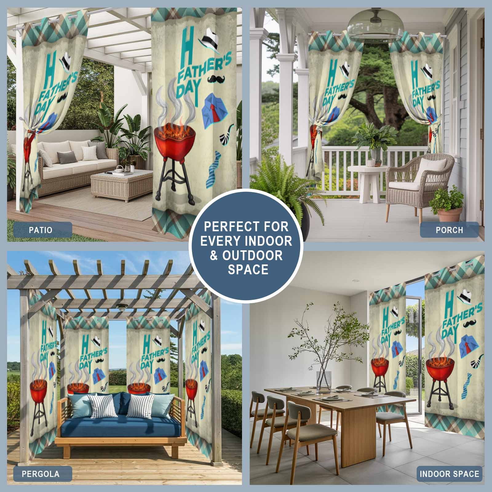 Father's Day Outdoor Curtains for Patio, Retro Barbecue Shirt Tie Beard Teal Plaid Waterproof Outside Curtains Privacy Blackout Curtain for Porch Pergola Cabana, 2 Panel 54W x 95L Inch