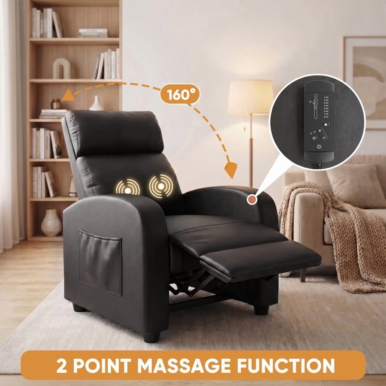 Vineego Massage Recliner Chair Small Places Single Sofa Adjustable Home Theater Seating with Side Pockets for Living Room,PU Black