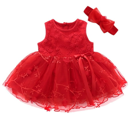 

Newborn Baby Girls Dresses Size 1-12 M Solid Red Floral Embroidery Sleeveless Cute Infant Girls Dresses+ Headband Outfits Set，Red 1-3 Months