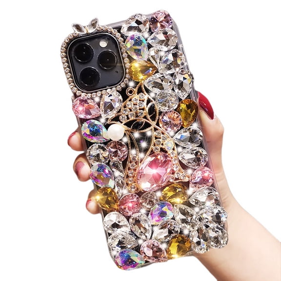 Case Compatible with iPhone 13 Pro max, 3D Handmade Luxury Shiny Crystal Glitter Rhinestone Gems Clear Hard PC Case(Pink)