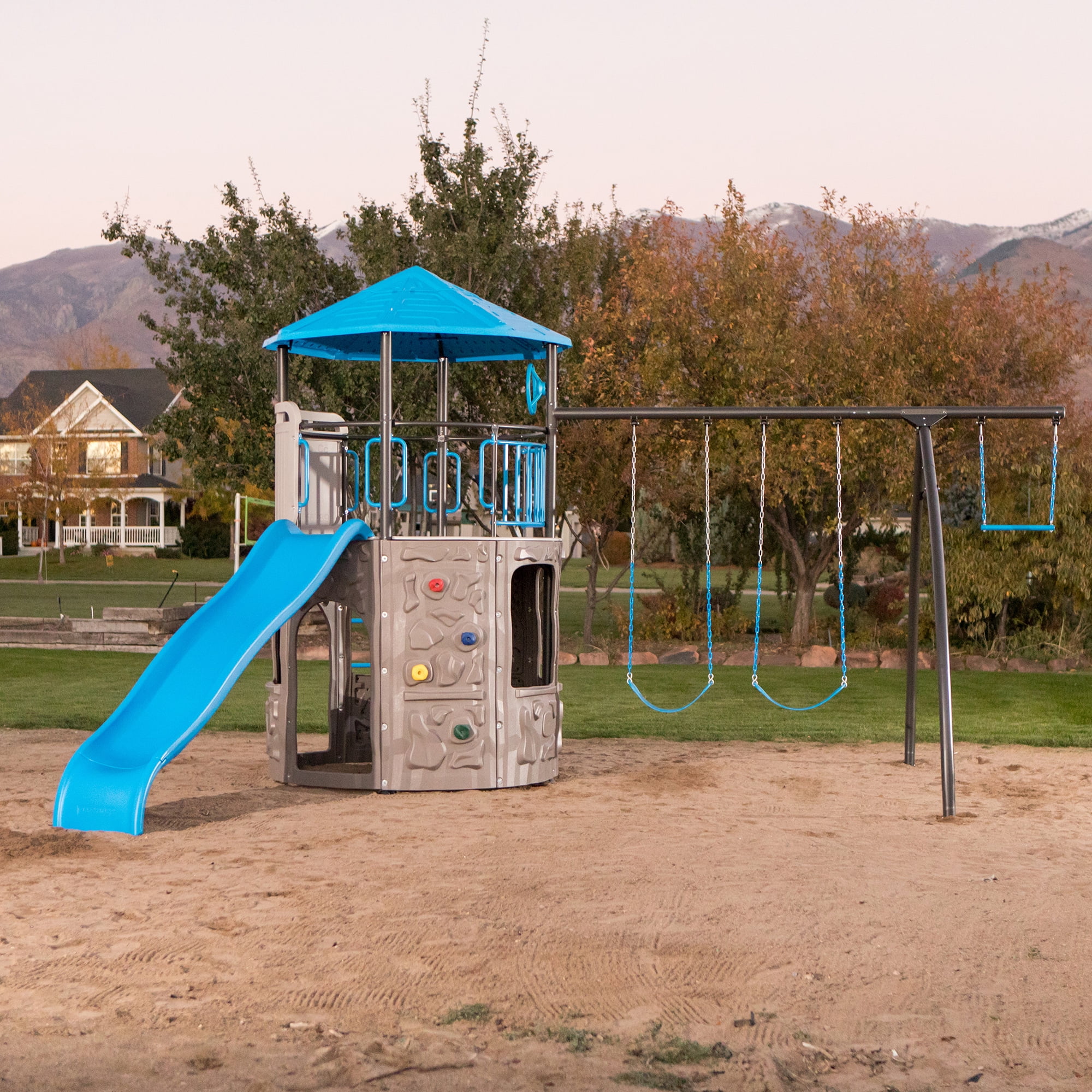 Lifetime Kid's Adventure Tower Swing Set with Slide, Belt Swings and Climbing Wall - Blue(91208)