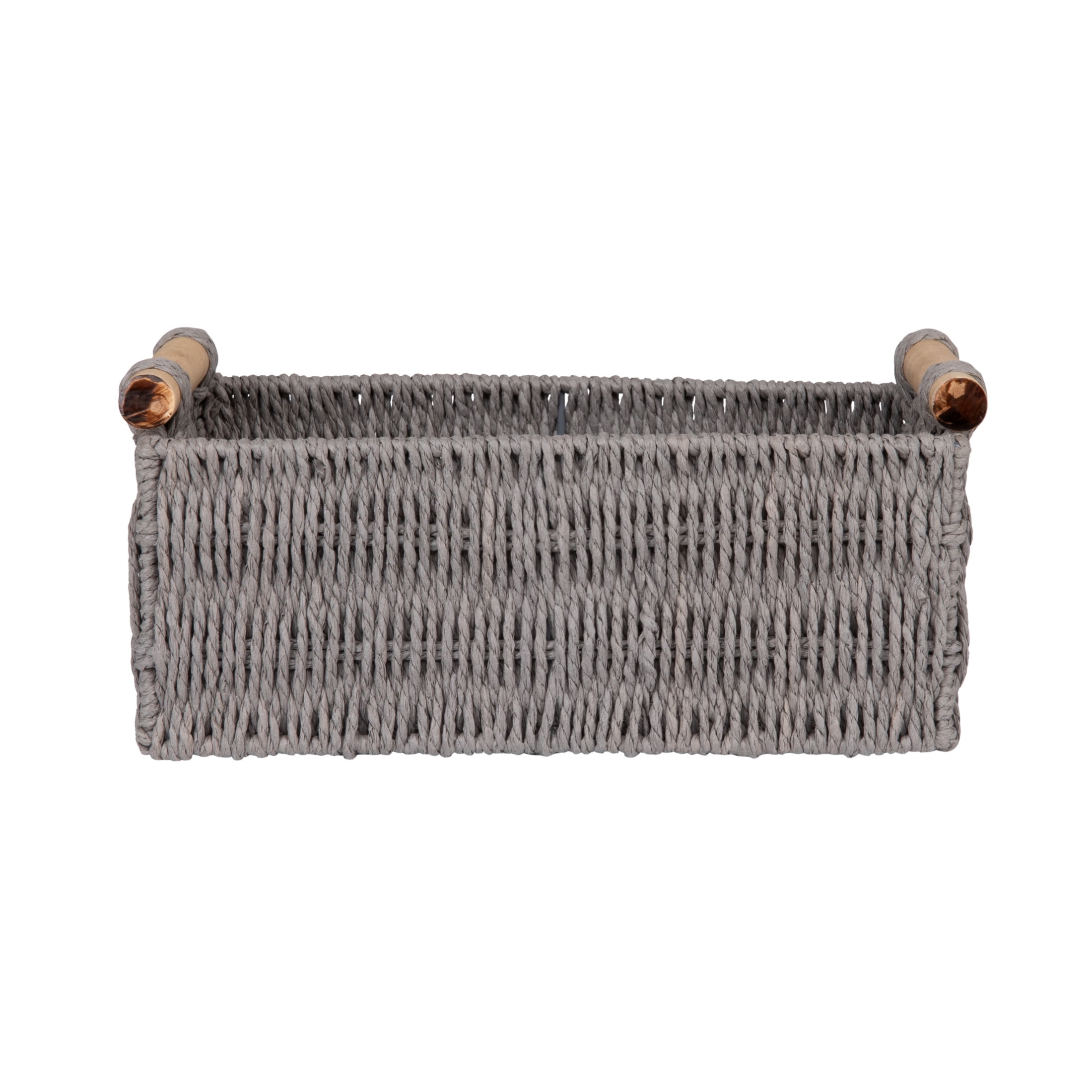 Household Essentials Decorative Woven Baskets, Set of 3, Paper Rope with Wood Handles, Sturdy Metal Frame, Small, Medium and Large, Grey