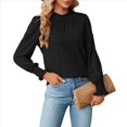 thumbnail image 3 of Camiseta Holgada Informal de Larga con Cuello Redondo para Mujer, Color Liso, con Encaje y Mangas Farol, para Otoño e Invierno Negro M, 3 of 10