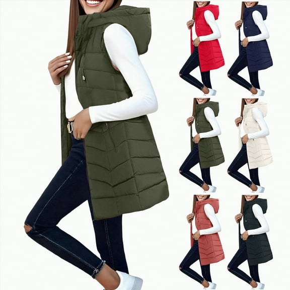 Towmus Womens Quilted Long Puffer Vest Jacket Full-Zip Sleeveless Winter Down Coats Waistcoat Casual Warm Parkas Overcoat with Hood L-6XL
