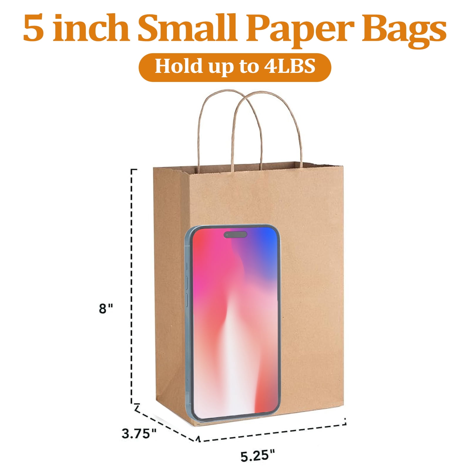 BagDream 50Pcs Brown Paper Gift Bags, 5.25x3x8inch Small Paper Bags with Handles Bulk for Shopping , Wedding, Father's Day, Merchandise and Business Party