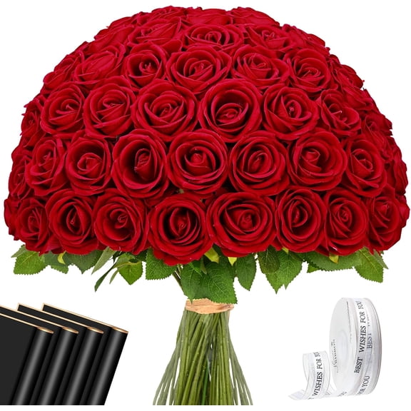 Red Roses Bulk, Real Touch Velvet Roses with Wrapping Paper, 50 Pcs Fake Flowers for Wedding Centerpieces Bridal Bouquet Valentines Mothers Day Decor