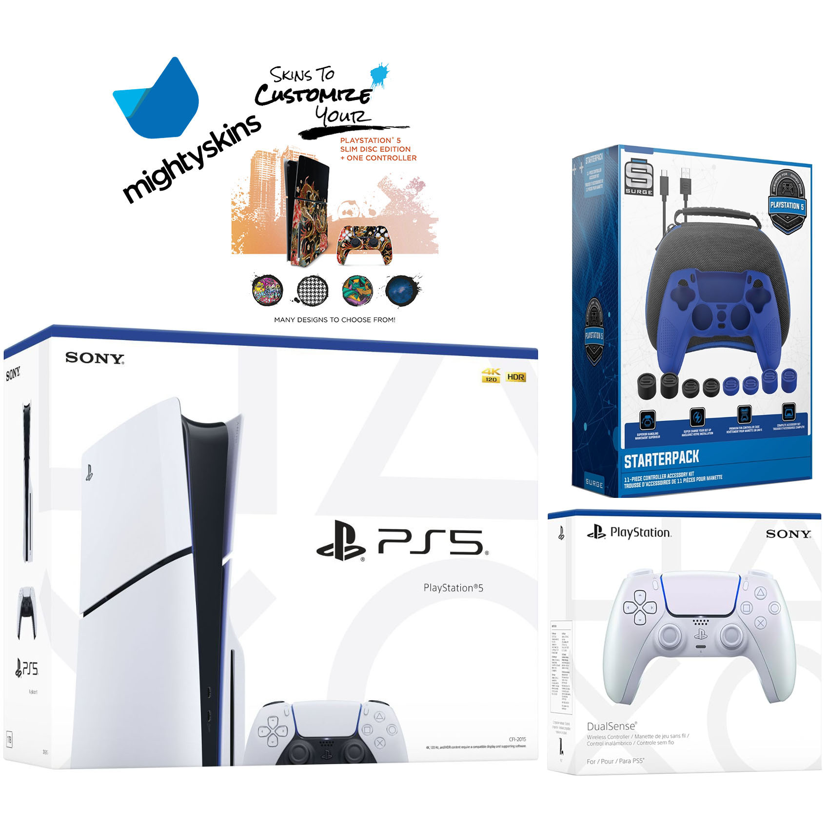 Sony PlayStation 5 Slim Disc with Extra Chroma Pearl Controller, Pro Gamer Starter Kit and MightySkins Decal Voucher