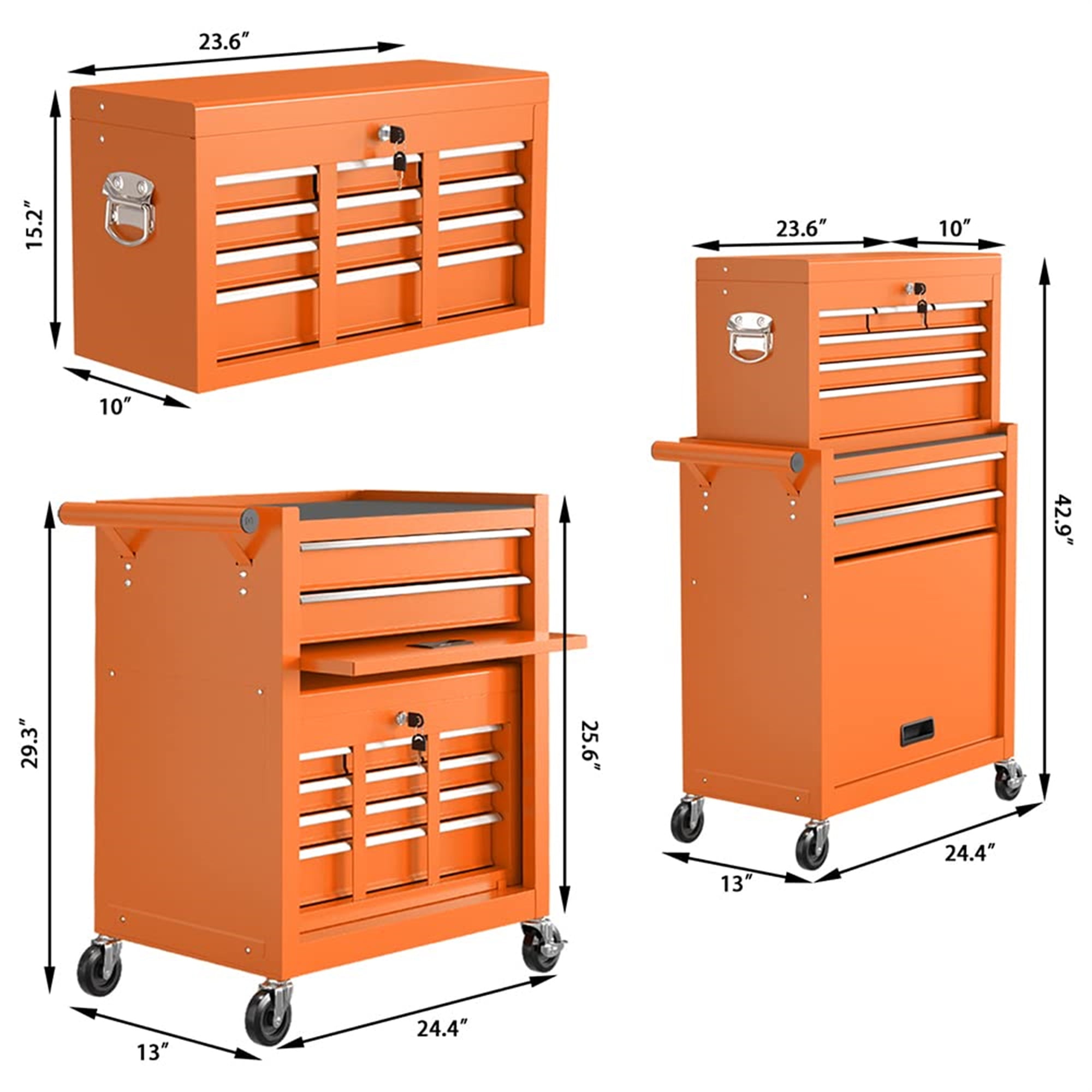 Aukfa Tool Box, 2 in 1 Steel Rolling Tool Chest & Cabinet On Wheels for Garage, 8-Drawers, Orange