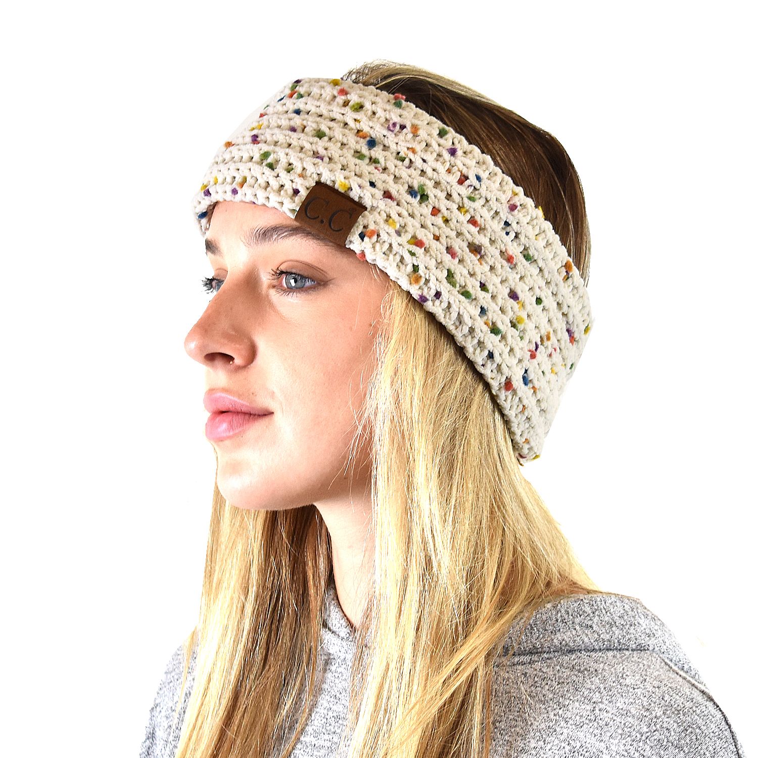 C.C Soft Stretch Winter Warm Cable Knit Fuzzy Lined Ear Warmer Headband, Chenille Confetti Oatmeal - image 1 of 4