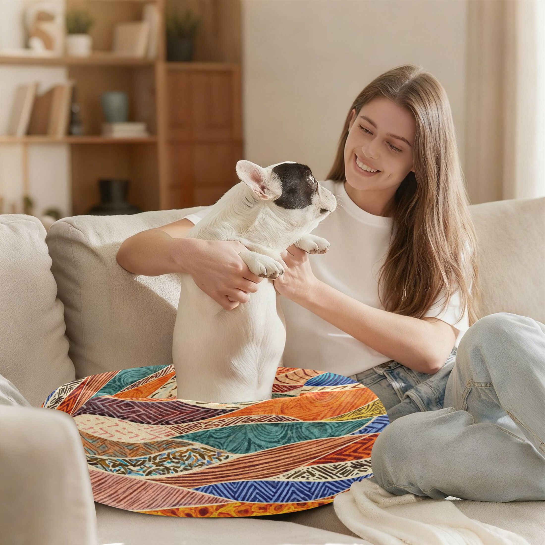 Iauyy Pet Couch Donut Cat Bed for Indoor Cats/Small Dogs Washable & Machine with Non-slip Bottom Calming Cat Furniture, Patterns Of The Multicolored Tribe (M)