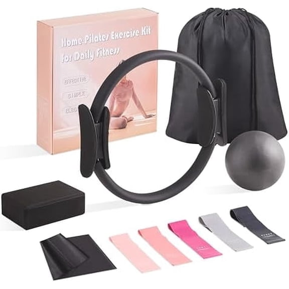 10PCS Home Pilates Kit with 11.81 Inch Pilates Ring, 9.8 Inch Ball, 5PCS Stretching Straps, Resistance Bands, Yoga Block & Gym Bag Black