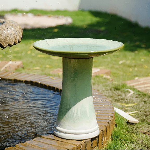Lisonu Ceramic Bird Bath Outdoor, 17" Green Gradient Glaze Garden Water Feature, Handmade Pedestal Birdbath for Yard Patio & Wildlife, Weather Resistant