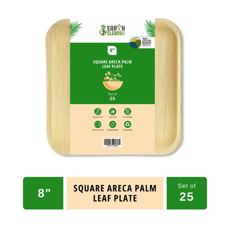 Earth Cleanse Areca Palm Leaf Square Plates 8-Inch ,Pack of 25