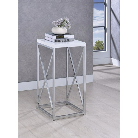Edmund Square Accent Side Table White High Gloss and Chrome