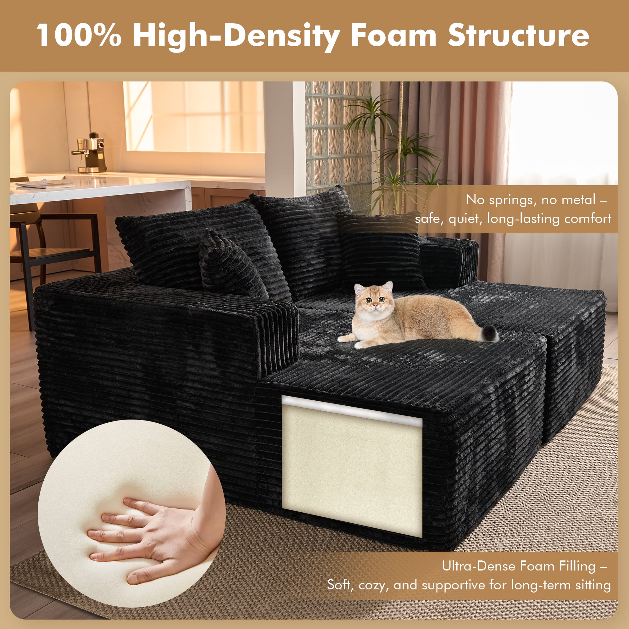 XIZZI Oversized Chaise Lounge Chair Indoor Double, Modular Sectional Sofa with Plush Corduroy, Sleeper Sofa Boneless Couch for Living Room Bedroom, No Assembly Required, Black