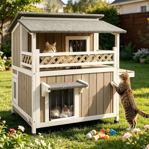 PETSCOSSET 2-Story Outdoor Cat House with Openable Asphalt Roof, Weatherproof Cat Shelter with Removable Floors