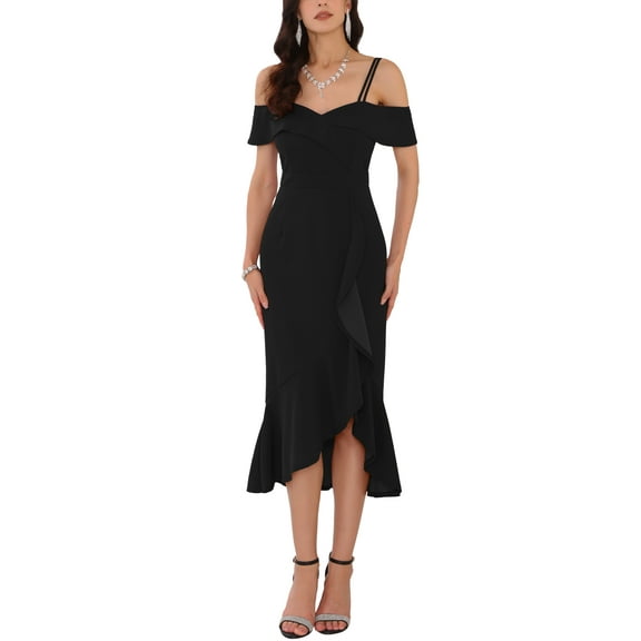 INSPIRE CHIC Women's Party Spaghetti Strap Dresses Wedding Guest Cocktail Ruffle Midi Dress S Black