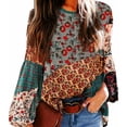 thumbnail image 4 of Camisa casual de manga larga Mujer Blusa de manga abullonada con estampado bohemio Top, S, Verde Eigraketly AP000088-01B, 4 of 7