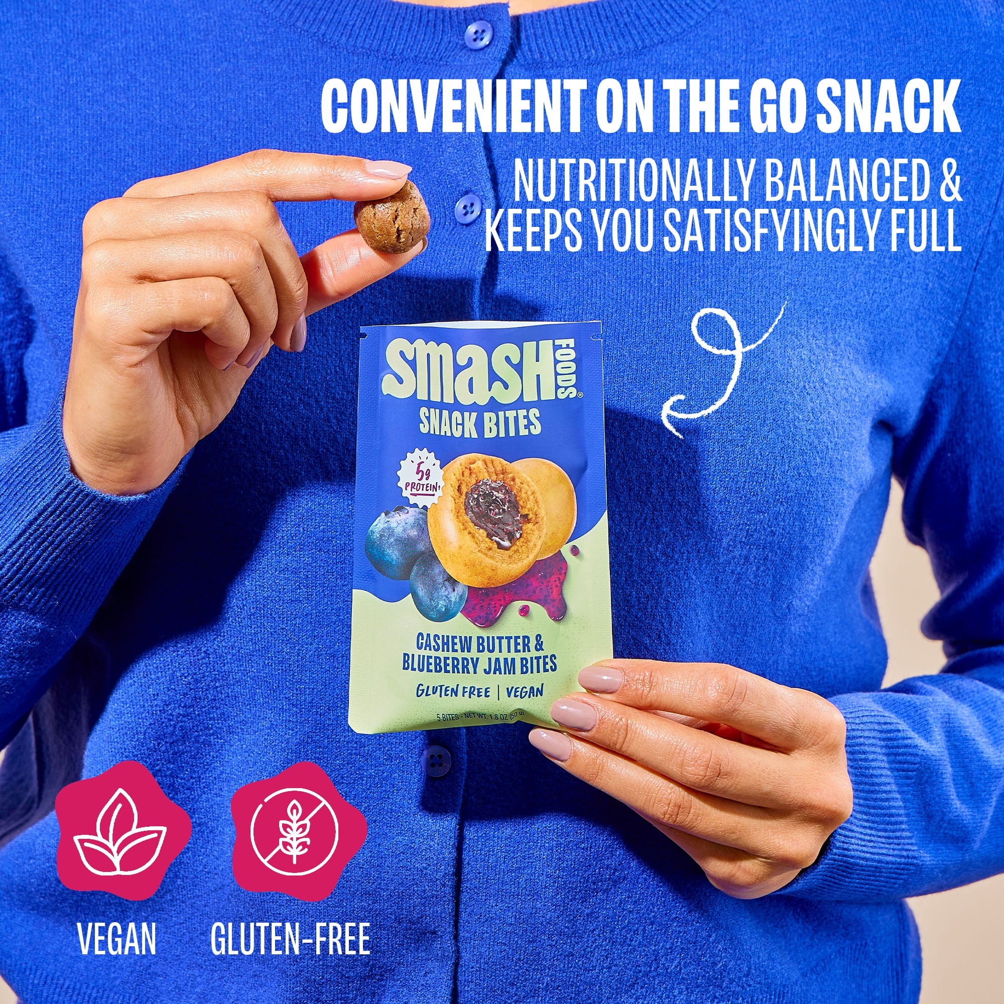 Smash Foods Gluten-Free Vegan Snack Bites (Blueberry), Protein & Energy, 8-Pack