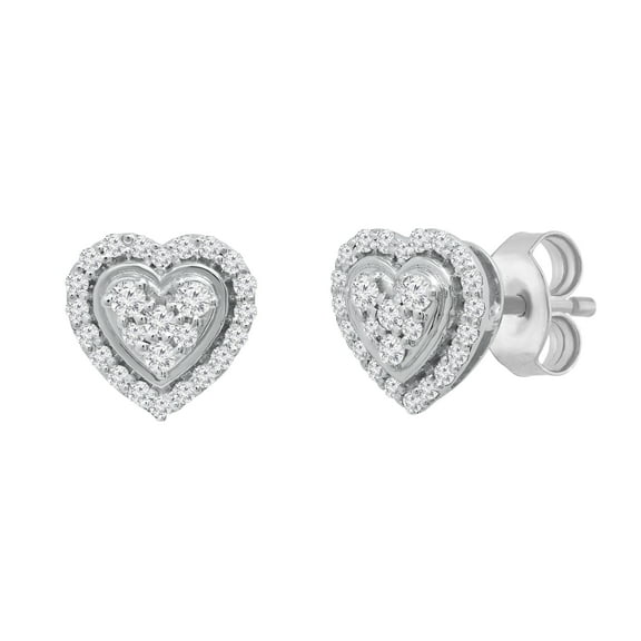 Dazzlingrock Collection Round White Diamond Outlined Heart Halo Style Pushback Stud Earrings for Women (0.34 ctw, Color I-J, Clarity I1-I2) in 14K White Gold