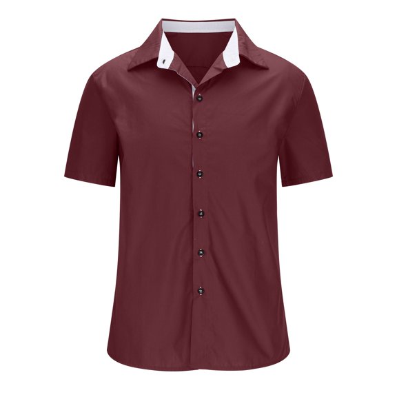 QIPOPIQ Men's Short Sleeve Turndown Collar Shirts Men Casual Button Down Shirts Fashion Summer Buttons Solid Turndown Patchwork Shirt Tees Shirt Gift for Father & Him 2023 Clearance Red M