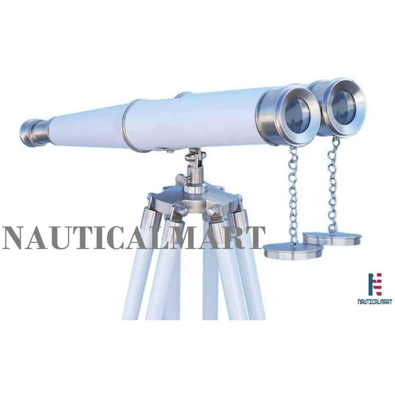 Floor Standing Nickel/White Leather Decorative Binocular Telescope 62" inches