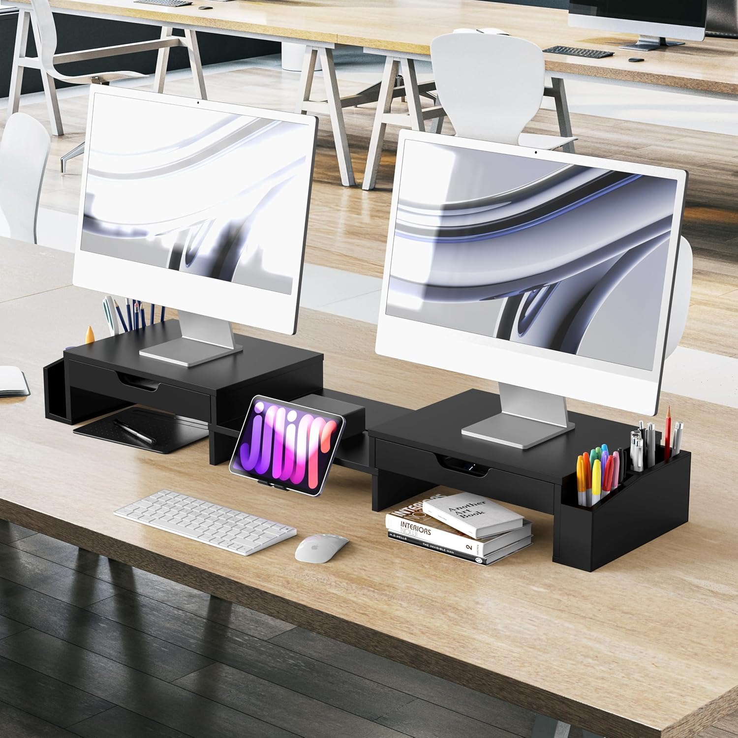 Dual Monitor Stand with Drawers and Phone Holder for Office Desk Organization