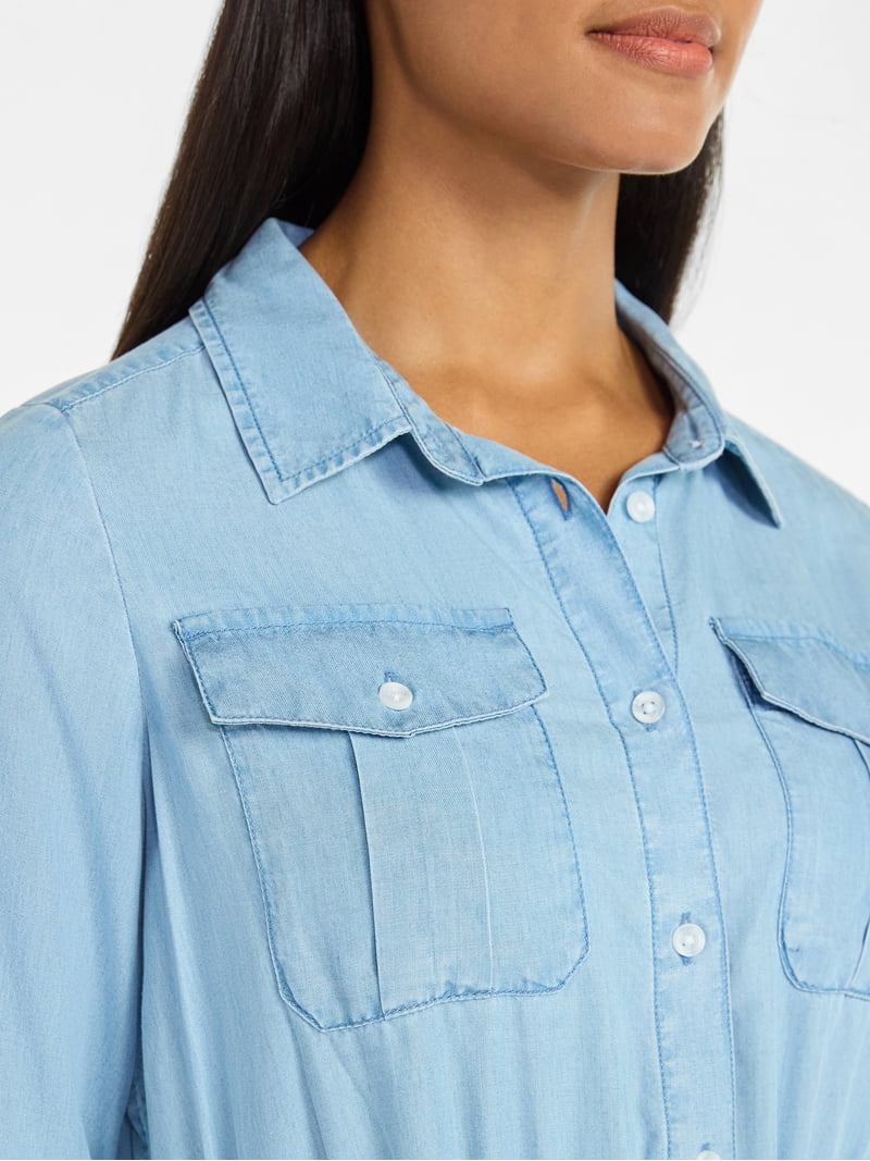 Time and Tru Women's Chambray Utility Shirt Dress, Midi Length, Long  Sleeve, Button Front - Walmart.com