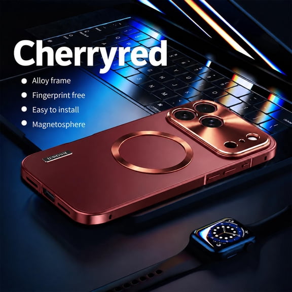 ELEHOLD For iPhone 18 Pro Max Rugged Case Compatible with Magsafe Accessories, Aluminum Metal Frame PC Back Drop Protection Shockproof Camera Lens Cover,Cherryred