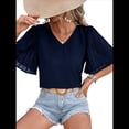 thumbnail image 1 of Blusas Elegantes de Verano para Mujer, con Cuello en V, Corta y Pétalos Abullonados, Informales, para Trabajo y Negocios Azul Marino M, 1 of 8