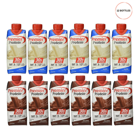 Premier Protein High Protein Shakes Variety Pack 6 Chocolate and 6 Vanilla Shakes 11oz Pack of 12