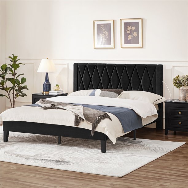 Yaheetech Upholstered Bed Frame with BuiltIn USB Ports and Tufted