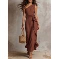 thumbnail image 3 of Womens Rust Brown One Shoulder Sleeveless Ruffle Patchwork Maxi Dress, 3 of 6