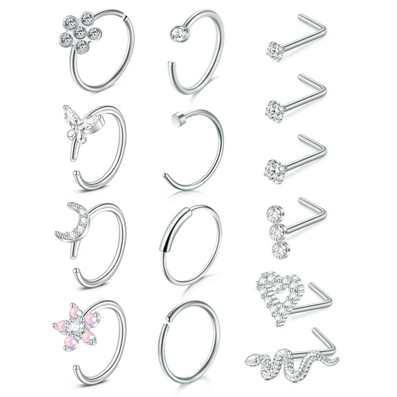 Briana Williams Nose Rings 18g Nose Rings Hoops Surgical Steel Silver Nose Piercings Kit with 1.5/2/2.5 Diamond