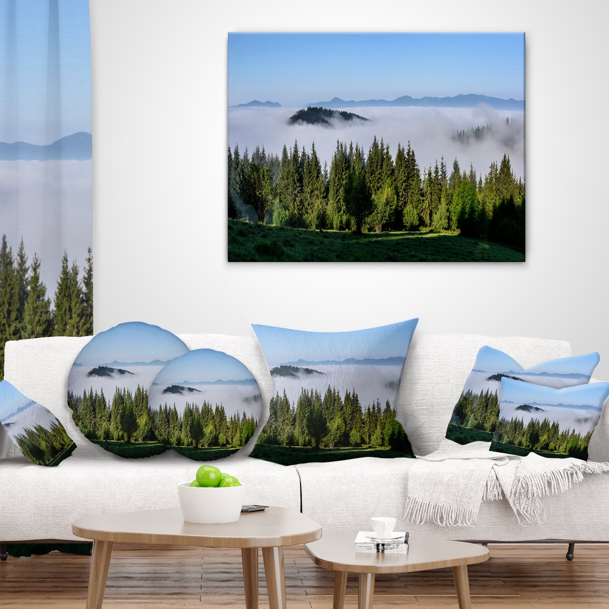 Designart Green Trees and Fog Over Mountains - Landscape Printed Throw Pillow - 12x20