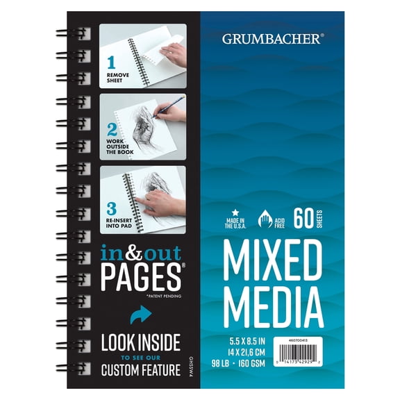 Grumbacher 5.5 x 8.5 Mixed Media Art Paper Pad, 98lb/160GSM, 60 Sheets, Side Wire