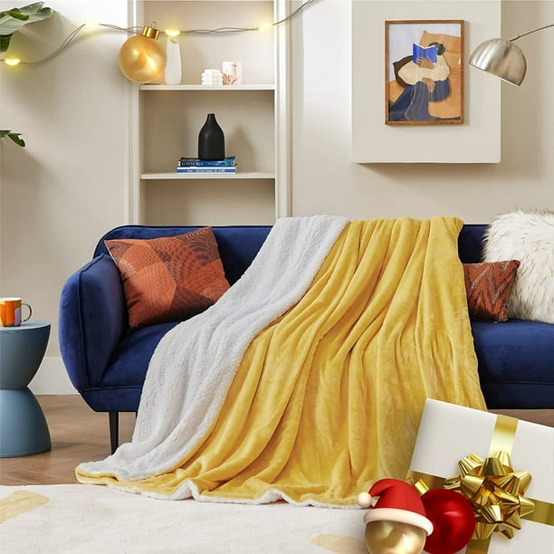 Htooq Sherpa Fleece Throw Blanket For Couch Yellow Gold Mustard Golden Thick Fuzzy Warm Soft Blankets And Throws For Sofa 5htooq X6htooq Inches Yel