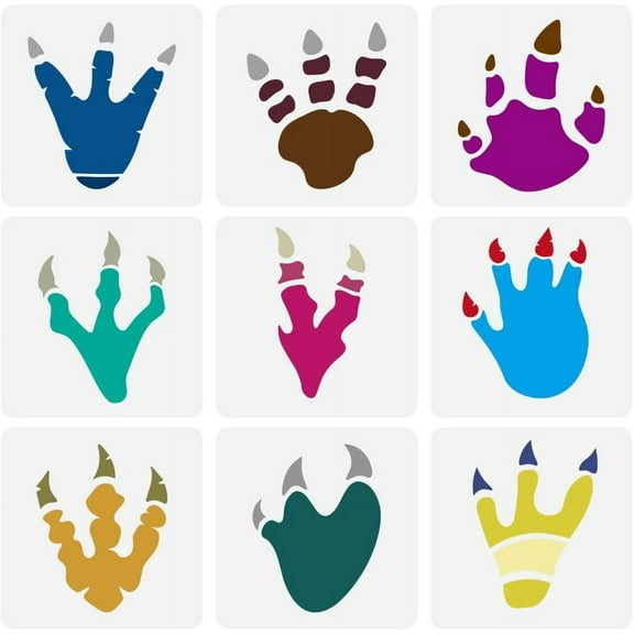 9 PCS Dinosaur Footprint Painting Stencil 5.9x5.9inch Animal Dinosaurs Painting Templates Animal Footprint Pattern Stencil for Painting on Wood Wall Fabric Furniture DIY Home Decor