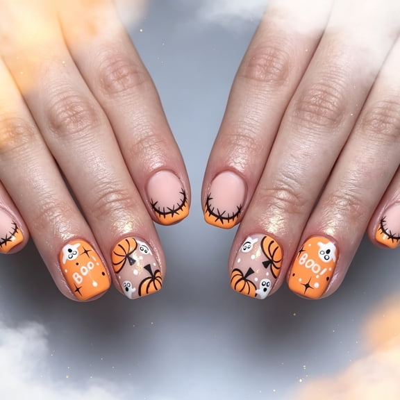 Short Halloween Press on Nails Short 24Pcs, Pumpkin Ghost French Tip Black Stitched Spooky Fake Nails Set, Reusable False Nails for Trick-or-Treat Daily Wear Women Girls